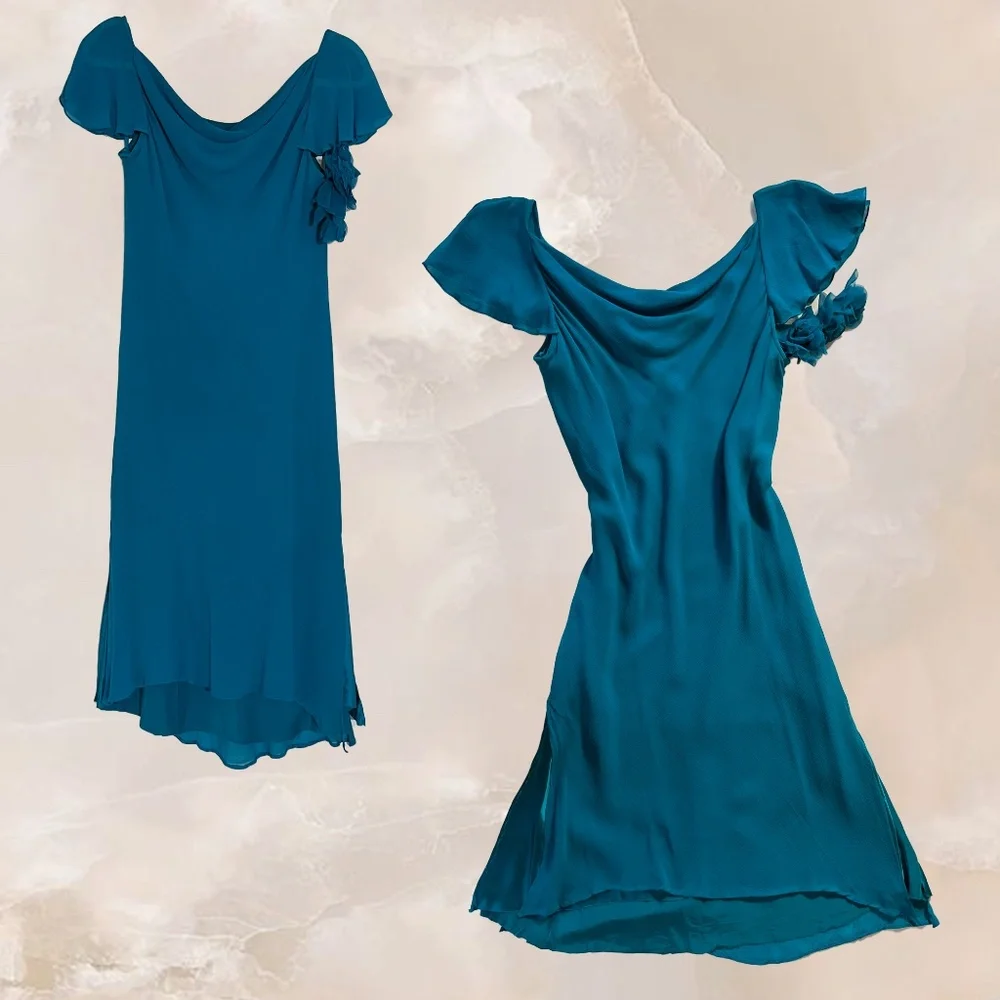 SPENSER JEREMY Gorgeous Teal Flutter Sleeve Cowl Neck 100% Silk Midi Dress Sz 6 - Picture 1 of 14